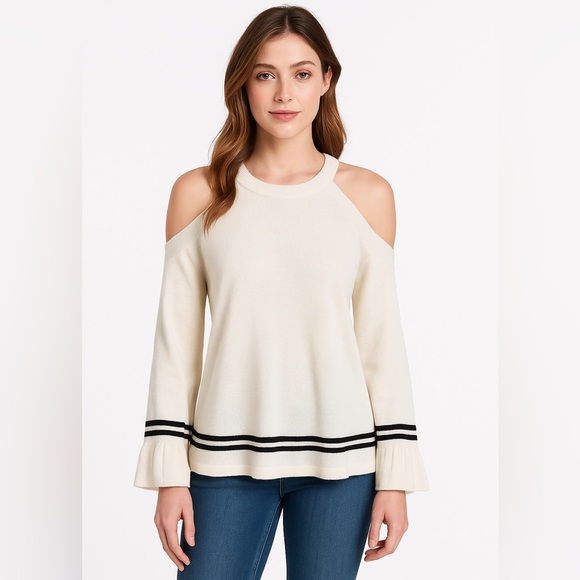 Knitted & knitted cold/off shoulder ruffle sleeve stripe cotton sweater top - Picture 1 of 6